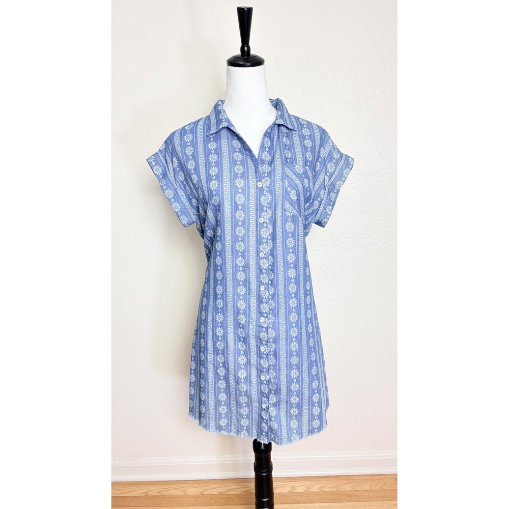 Umgee Chambray Floral Denim Shirt Dress Size Small Cottage Western Cowgirl
